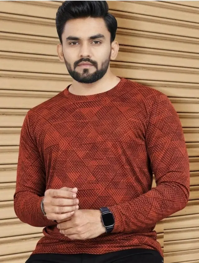 Abstract Printed Round Neck Polyester T-Shirt for Men (Rust, M)