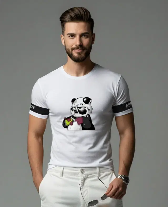 Polyester Printed T-shirt for Men, White (L)