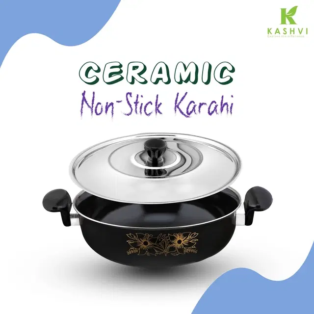Cast Iron Kadai with Lid, Black & Silver, 28 cm