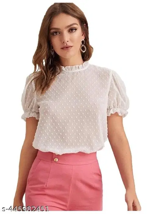 Casual Georgette Top for Women (White, L)