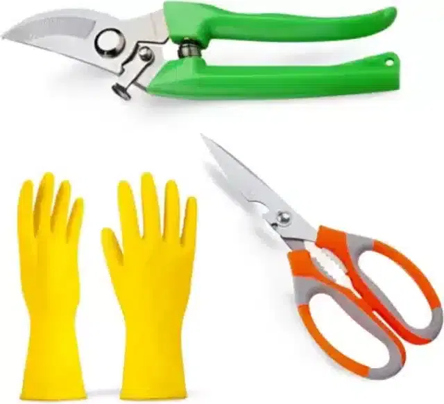 Gardening Pruning Scissors, 2 Pcs with Safety Hand Gloves, Multicolor, Set of 3