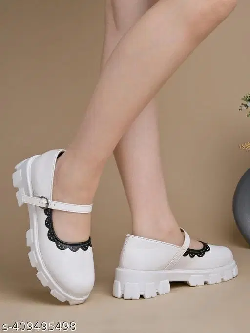 Solid Block Ballerinas for Women (White, IND-3)