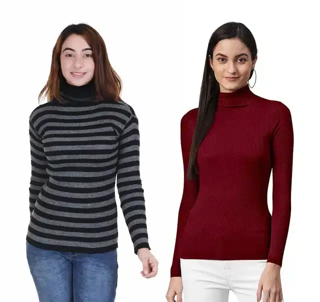 Full Sleeves Solid Sweater for Women, Pack of 2 (Maroon & Grey, S)
