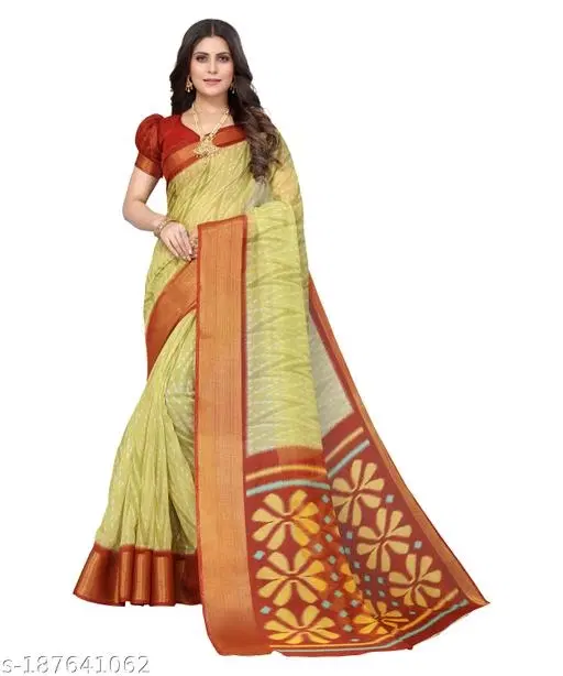 Printed Linen Zari Border Saree for Women (Yellow)