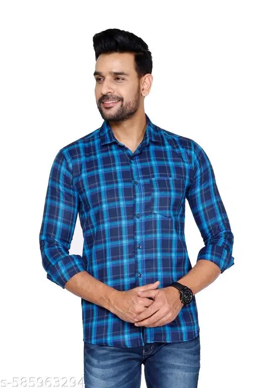 Cotton Blend Checked Shirt for Men, Blue (L) Pack of 1