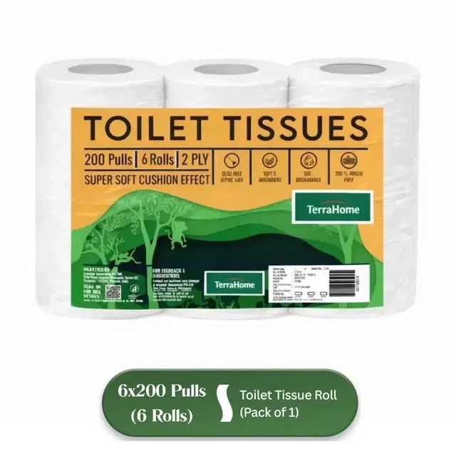 TerraHome Toilet Tissue Paper Rolls, 2 Ply, 1200 Pulls [6 x 200 Pulls]