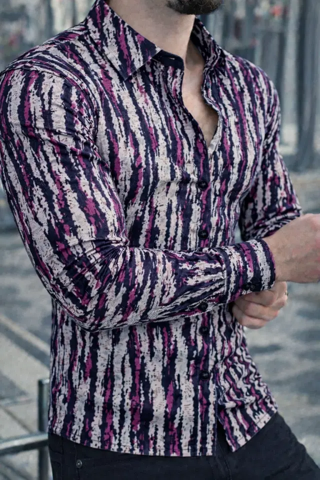 Lycra Geometric Print Shirt for Men, Purple (L)