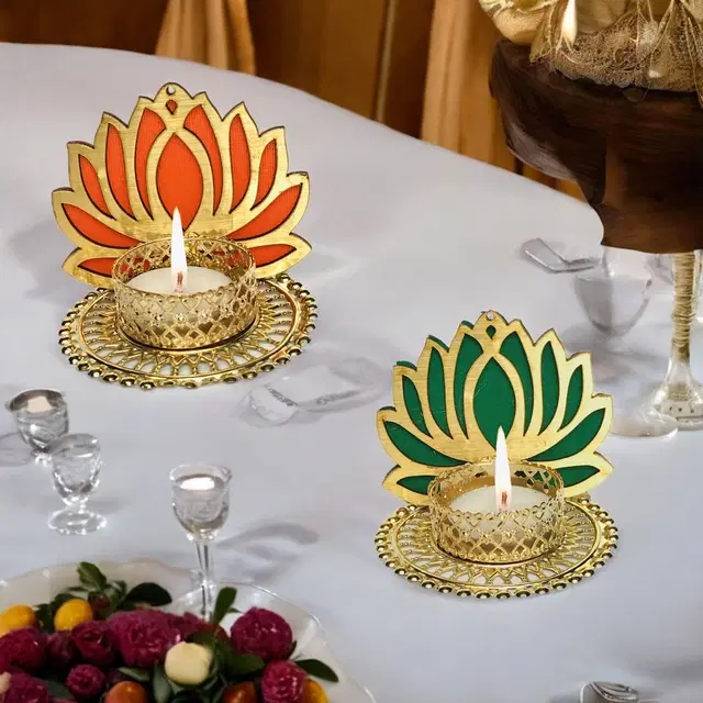 Metal Designer Tealight Candle Holder, Multicolor, 8x8x7 cm, Pack of 2