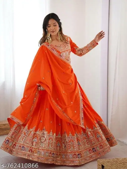 Lehenga Choli for Women (Orange, Free Size)