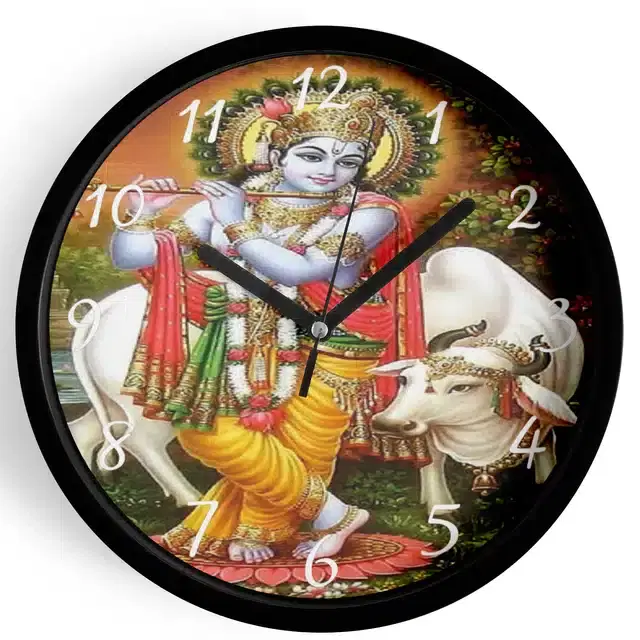 Analog Lord Krishna Wall Clock for Home, Black, 7 Inches