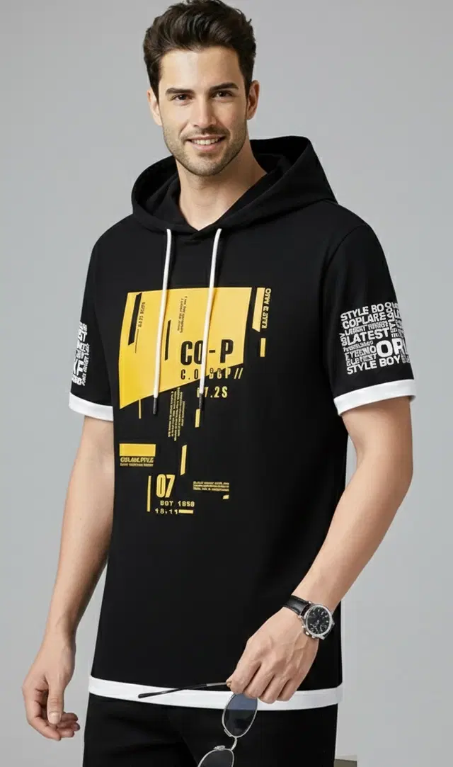 Polyester Printed T-shirt for Men, Black (XL)