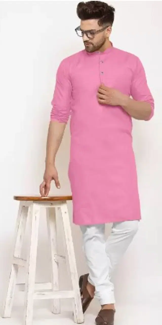 Full Sleeves Solid Kurta with Payjama for Men (Pink, XL)