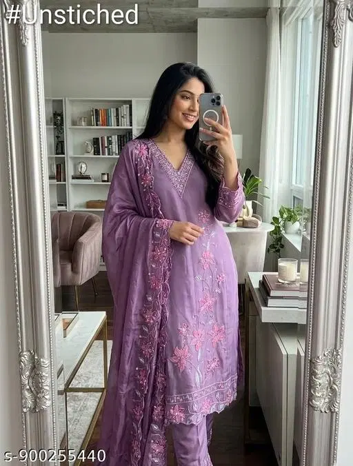 Silk Blend Embroidered Punjabi/All Over Suits for Women (6.85 meter (3XL)