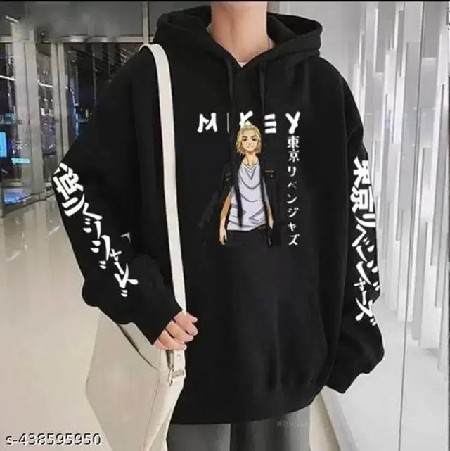 Fleece Printed Hoodie for Women (Black, L)