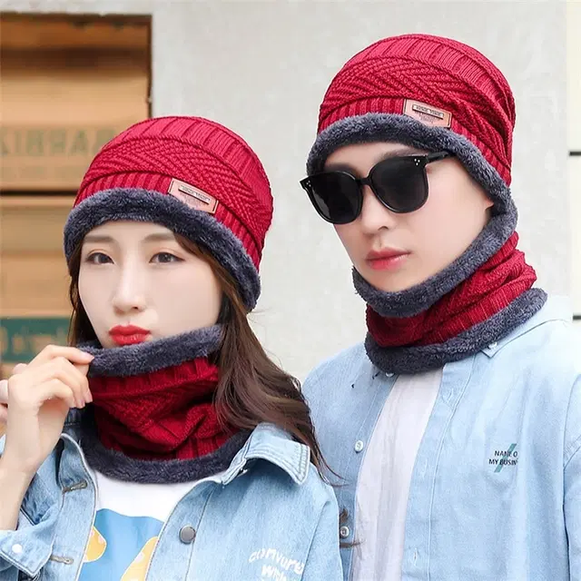 Woolen Cap with Neck Warmer for Men & Women, Pack of 2 (Red)