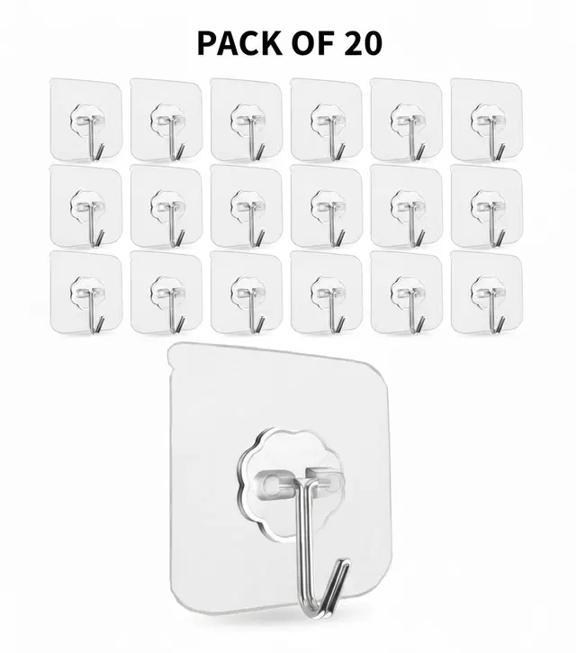 Plastic Wall Hooks, Transparent (Pack of 20)