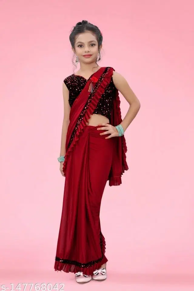 Solid Fancy Saree for Girls with Blouse (Red, 8-9 Years)