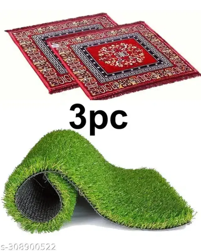 Artficial Grass Doormat with 2 Pcs Pooja Mats, Multicolor, Set of 2