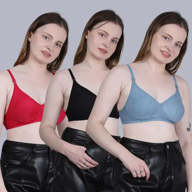 Cotton Non-Padded Bra for Women, Multicolour, Pack of 3 (32B)