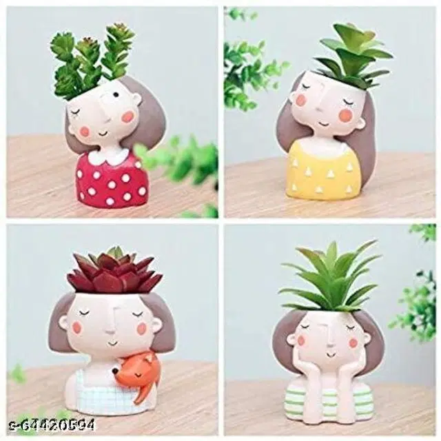 Ceramic Decorative Cute Girls Pot for Home Decor, Multicolor, Pack of 4
