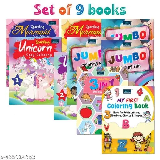 Bookford Cute Copy Coloring Books Amazing Combo Set for kids - Set of 9 books - Unicorns, Mermaid, Alphabet, and Many more