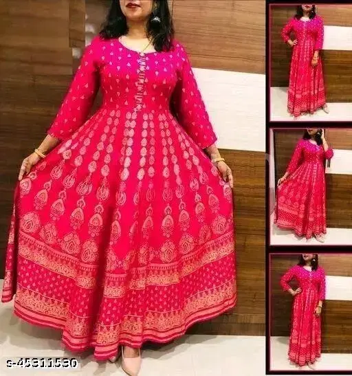 Rayon Printed Anarkali Kurti for Women, Pink (S)