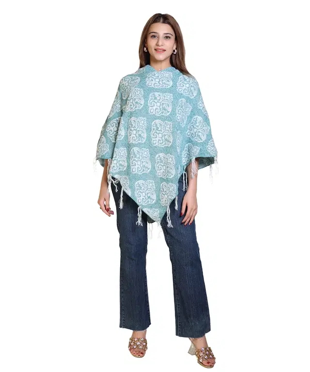 Woolen Self-Design Ponchos for Women (Blue, L)