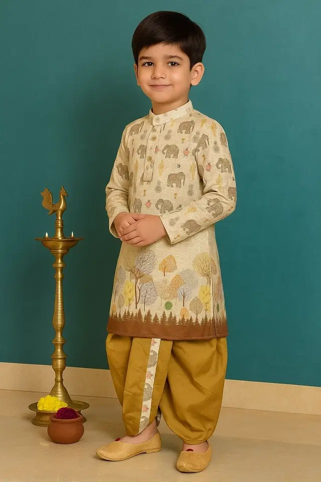 Cotton Blend Printed Kurta with Dhoti for Boys, Brown & Golden (6-12 Months)