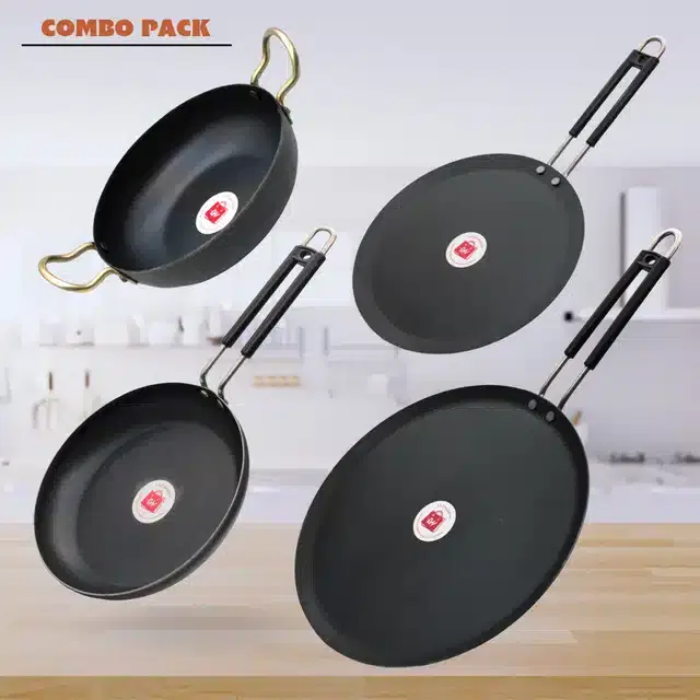 Frying Pan & Tawa Set, Pack of 4, Black, 1000 ml
