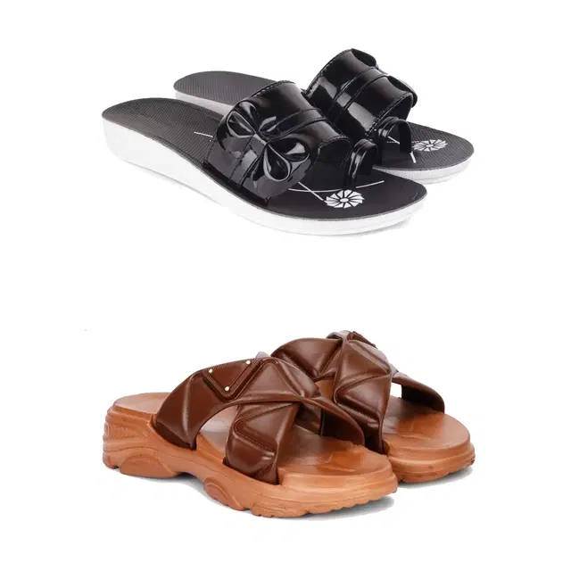 Combo of Sliders & Flats for Women, Set of 2 (Multicolor, 5)