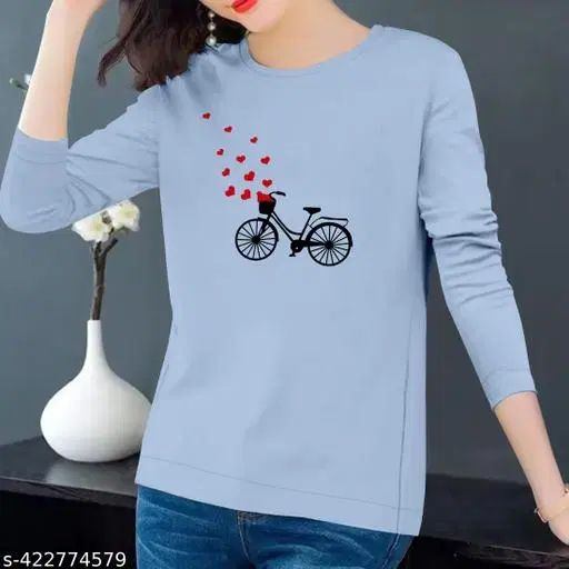 Cotton Blend Printed Sweatshirt for Women (Sky Blue, S)