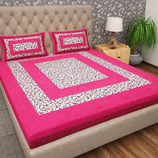 Jaipur Cotton Double Bedsheet White Pink Floral Print 220x254cm