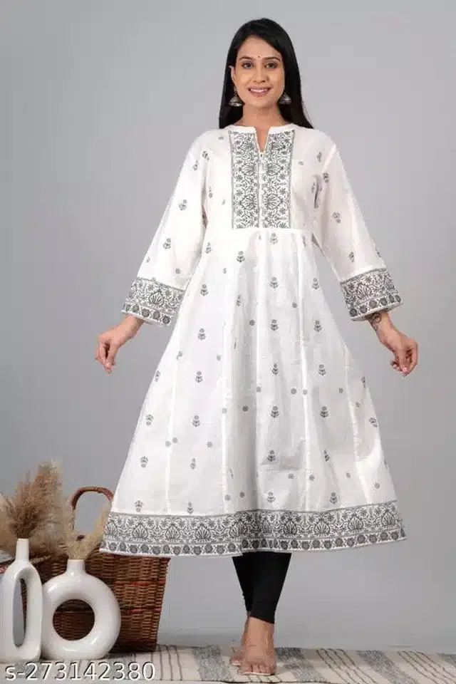 Cotton Printed Gown for Women (White, M)