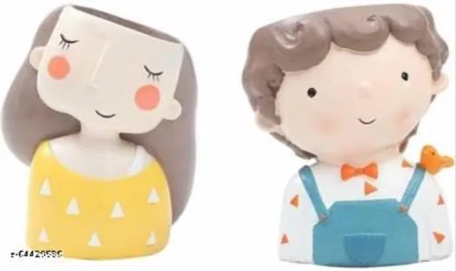 Ceramic Decorative Cute Girls Pot for Home Decor, Multicolor, Pack of 2