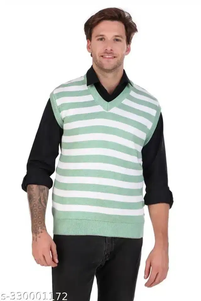 Acrylic Sleeveless Sweater for Men (Green & White, L)