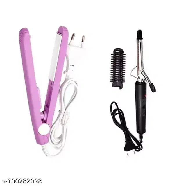 Mini Portable Hair Straightener with Curler, Multicolor, Set of 2