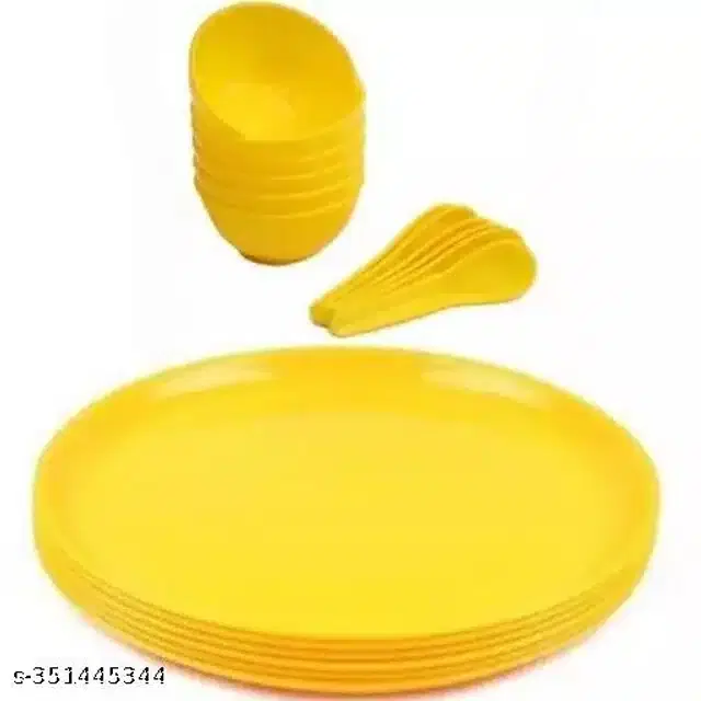 Plastic 6 Pcs Plates with 6 Pcs Spoons & 6 Pcs Bowls, 250 ml, Yellow, Set of 3