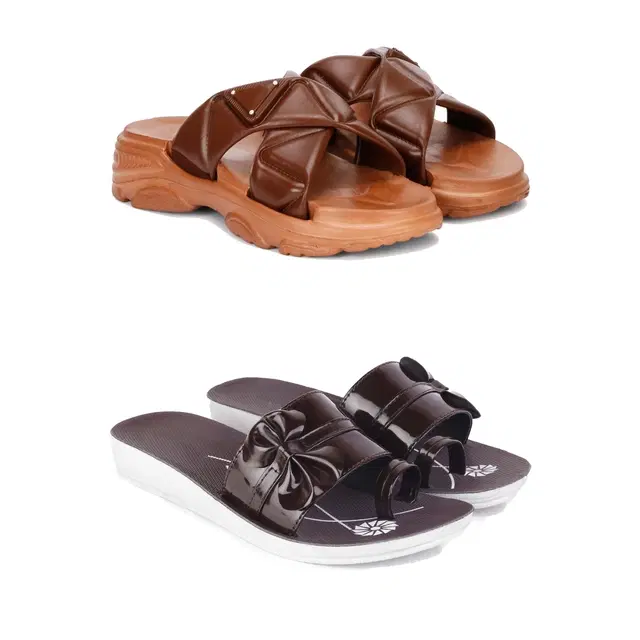 Combo of Sliders & Flats for Women, Set of 2 (Multicolor, 5)