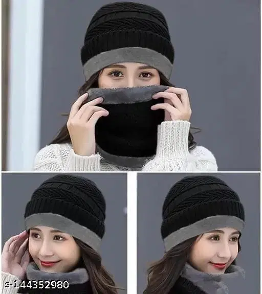 Woolen Cap with Neck Warmer for Women, Set of 1 (Multicolor)