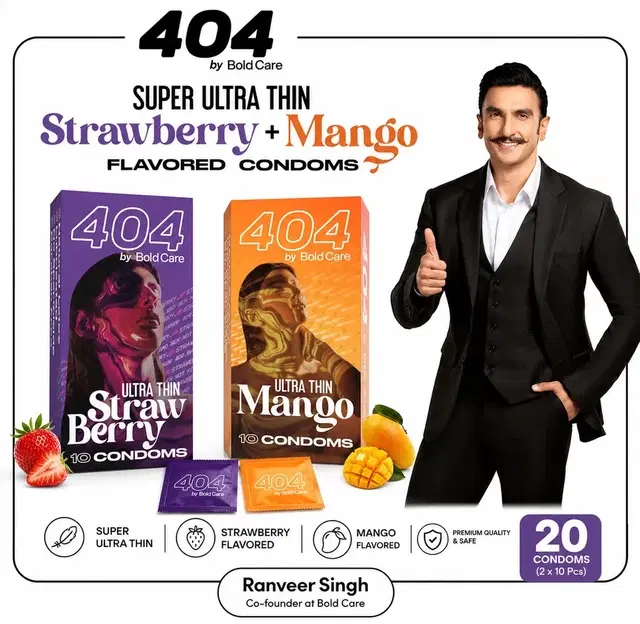 Bold Care 404 Super Ultra Thin Strawberry+Mango Flavored Condoms - 20 Pcs, pack of 2