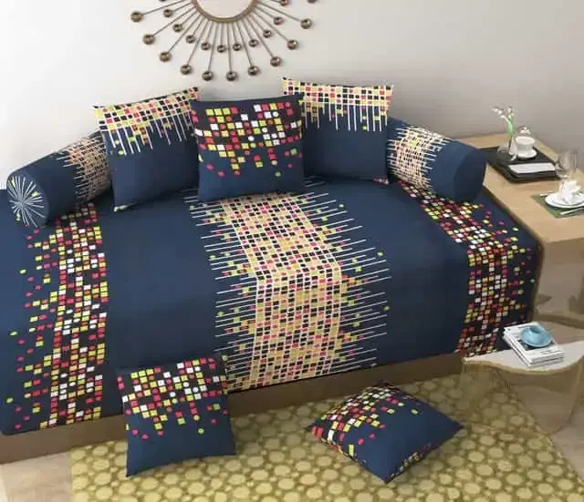 144 TC Polycotton Printed 8 pcs Diwan Set 90 x 55, Blue, FFDS-261
