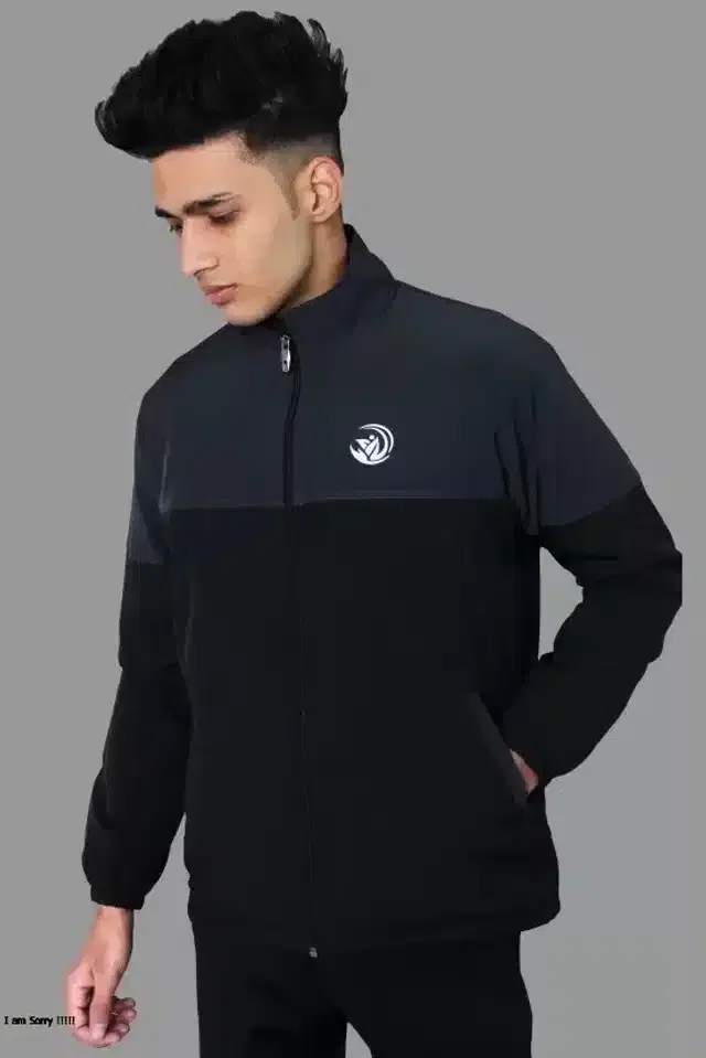 Full Sleeves Solid Sports Jacket for Men (Dark Grey & Black, S)