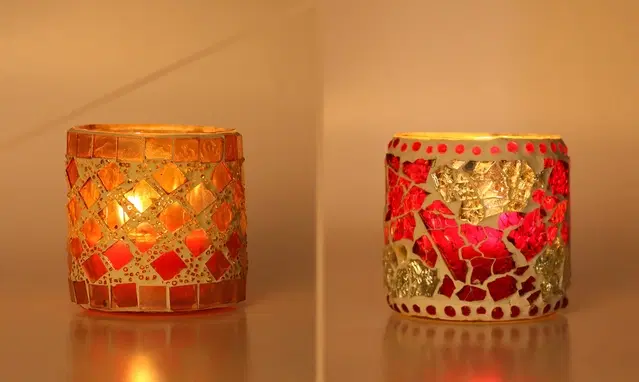 Glass Decorative Tea Light Holders, Multicolor, Pack of 2