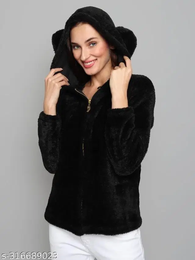 Fleece Hooded Sweater for Women (Black, S)