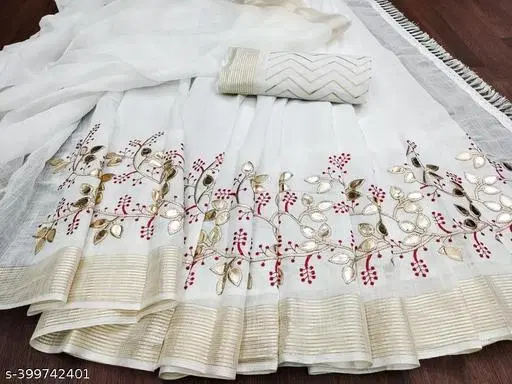 Embroidered Cotton Blend Botanical Sewing & Embroidery (White, Free Size)
