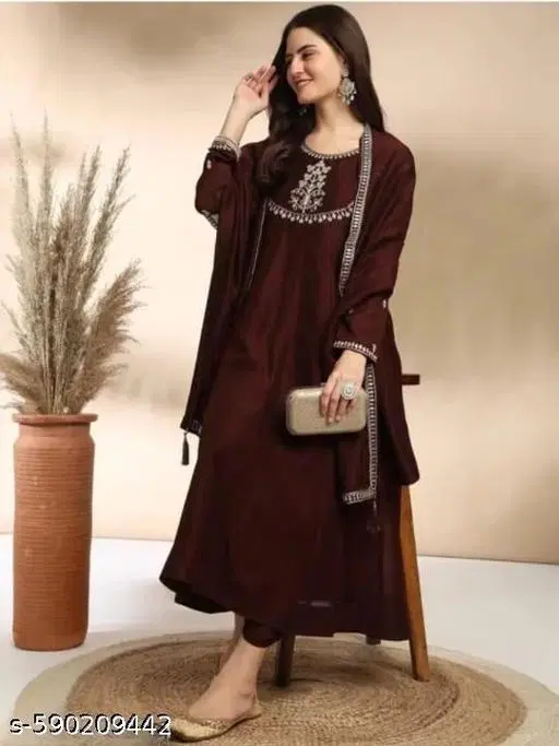 Solid Flared Kurta Set for Women (Maroon, M)