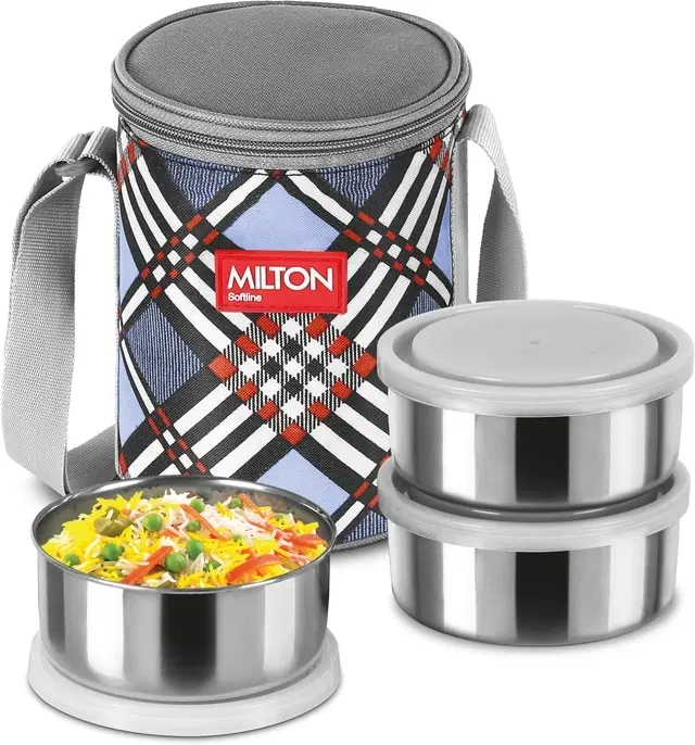 Milton Steel Treat 3 Stainless Steel Tiffin, 3 Containers, 280 Each With Jacket, 3 Containers Stainless Steel Office Lunch Box (280 ml), Blue
