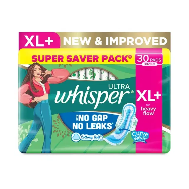 Whisper Ultra Upto No Gap No Leaks Sanitary Pads, Xl+ 30 Pads
