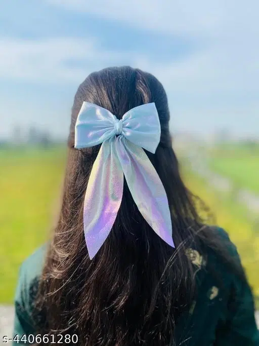 Fabric Hair Bow Clip for Women (Blue, Pack of 1)