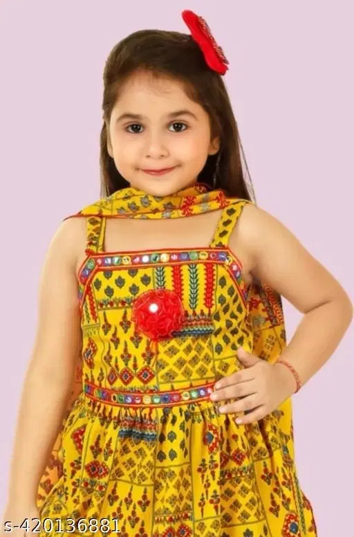 Ethnic Motif Lace Cotton Kurta Sets for Girls (Yellow, 11-12 Years)